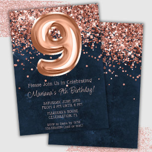Rose Gold Navy Blue 9. Geburtstagsparty Einladung