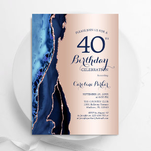Rose Gold Navy Blue Agate 40. Geburtstag Einladung