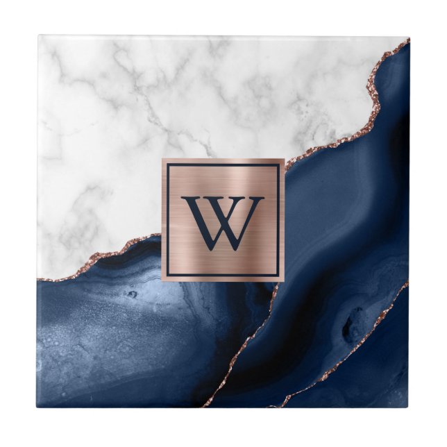 Rose Gold Navy Blue Agate Monogram Fliese (Vorderseite)
