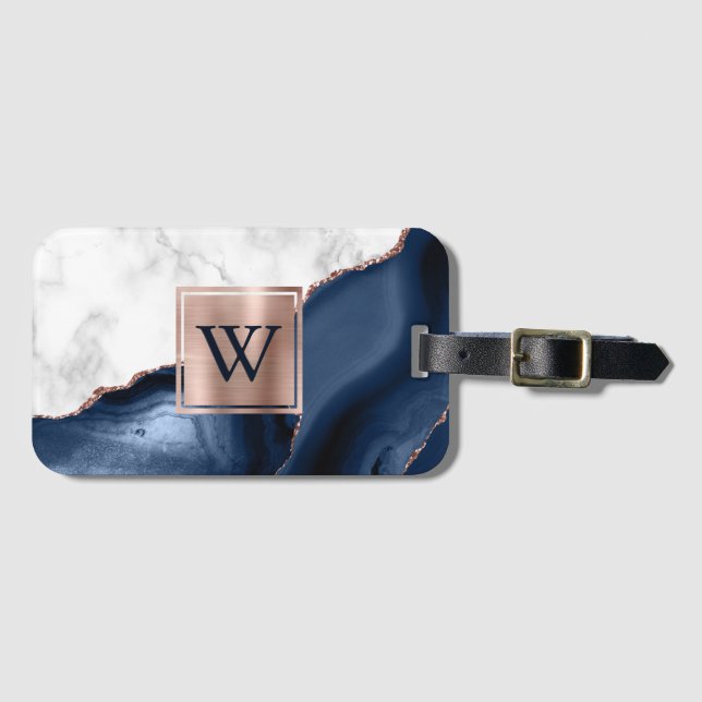 Rose Gold Navy Blue Agate Monogram Gepäckanhänger (Vorderseite (Horizontal))