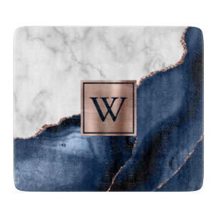 Rose Gold Navy Blue Agate Monogram Tr Schneidebrett