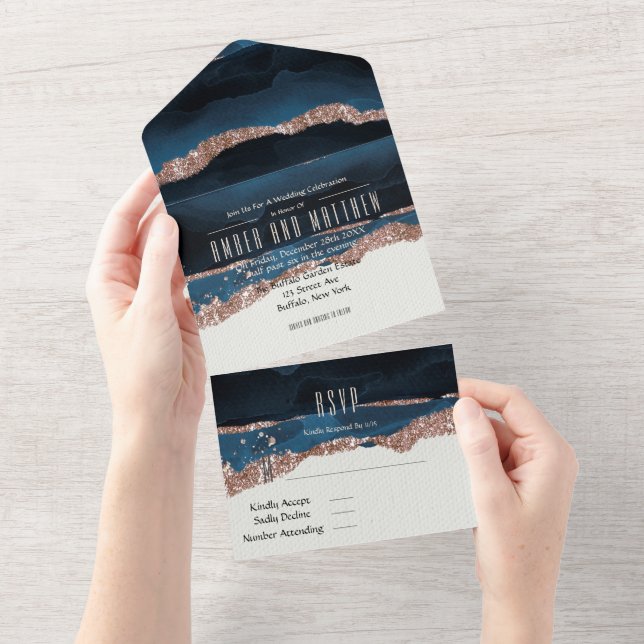 Rose Gold Navy Blue Alcohol Tinte Hochzeit All In One Einladung (Abreißen)