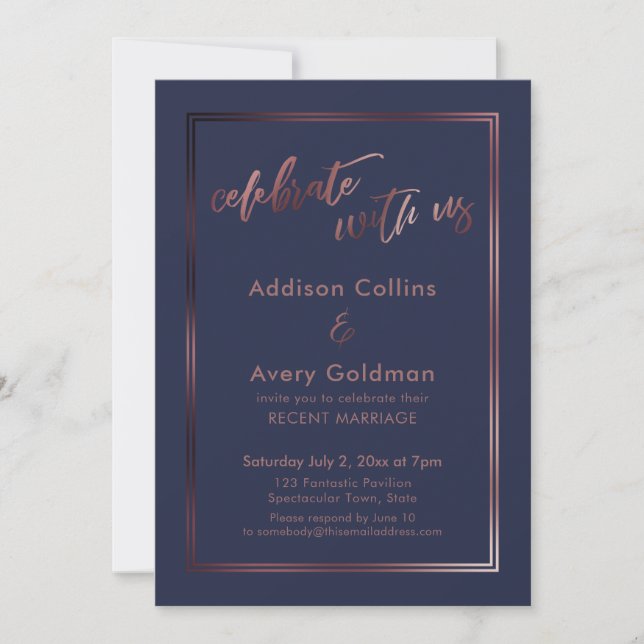 Rose Gold & Navy Blue Celebrate mit US Typografie Einladung (Vorderseite)