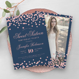 Rose Gold Navy Blue Confetti Foto Sweet 16 Einladung