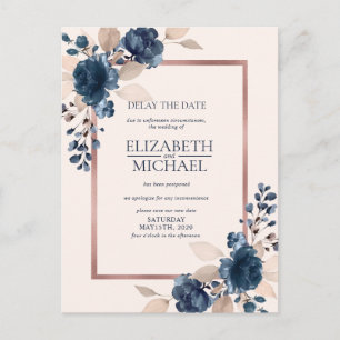 Rose Gold Navy Blue Dusty Pink Floral Delay Datum Postkarte