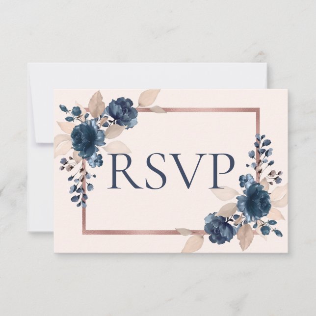 Rose Gold Navy Blue Dusty Pink Floral No Menu UAWG RSVP Karte (Vorderseite)