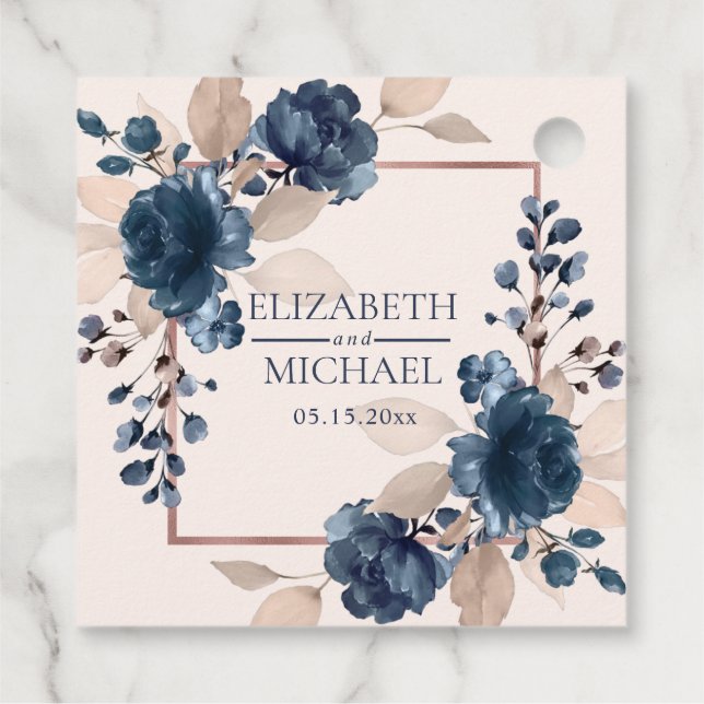Rose Gold Navy Blue Dusty Pink Floral Wedding Geschenkanhänger (Rückseite)