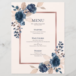 Rose Gold Navy Blue Dusty Pink Floral Wedding Menükarte