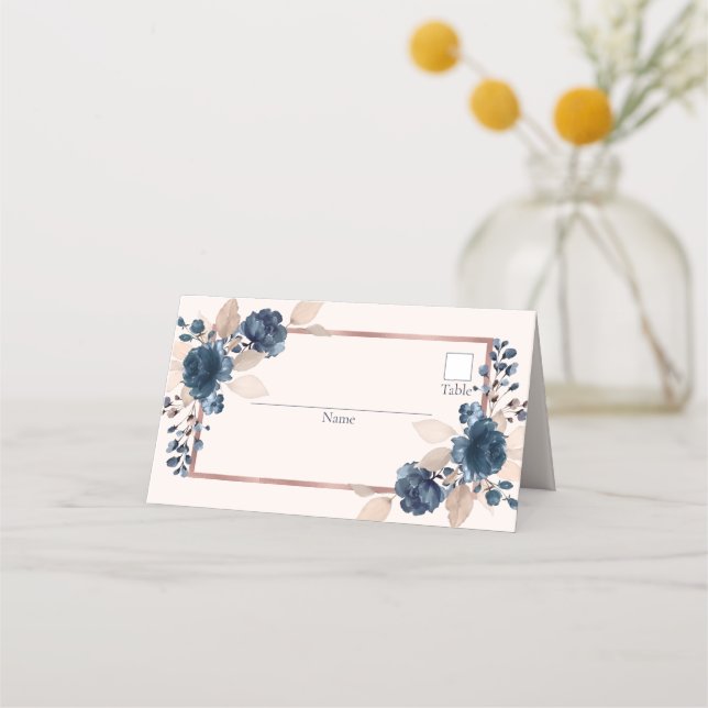 Rose Gold Navy Blue Dusty Pink Floral Wedding Platzkarte (Vorderseite)