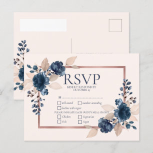 Rose Gold Navy Blue Dusty Pink Floral Wedding RSVP Einladungspostkarte