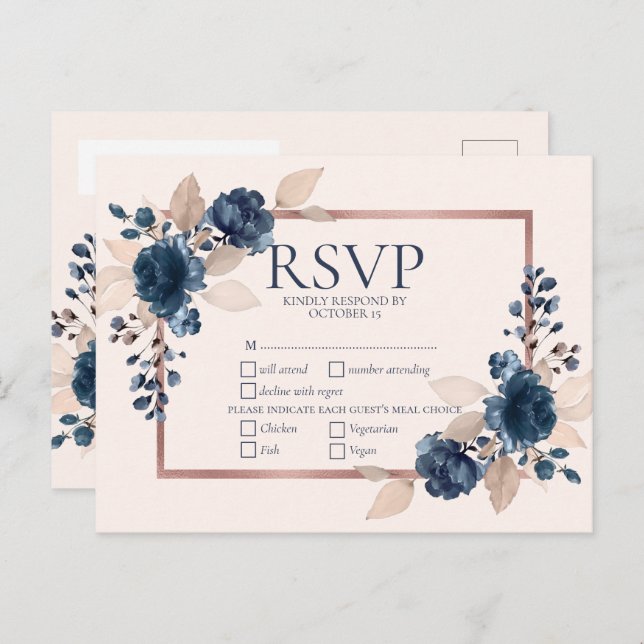 Rose Gold Navy Blue Dusty Pink Floral Wedding RSVP Einladungspostkarte (Vorne/Hinten)
