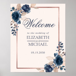 Rose Gold Navy Blue Dusty Pink Floral Willkommen Poster