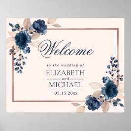 Rose Gold Navy Blue Dusty Pink Floral Willkommen Poster