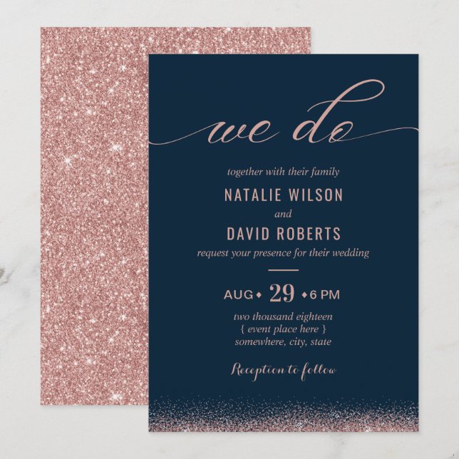 Rose Gold & Navy Blue Elegante Typografie Hochzeit Einladung (Vorne/Hinten)