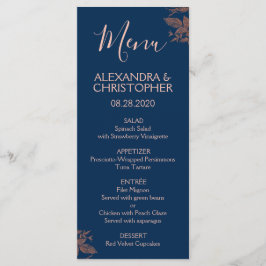 Rose Gold Navy Blue Floral Elegantes Hochzeitmenü Menükarte