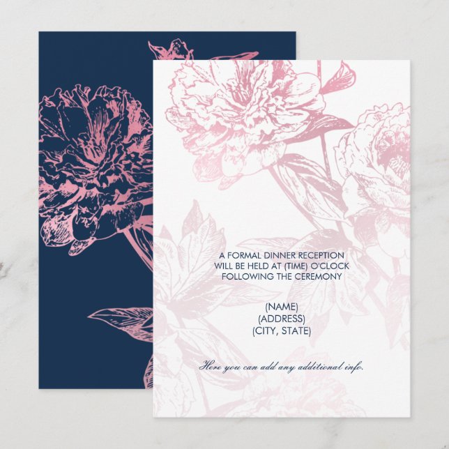 Rose Gold Navy Blue Floral Hochzeitsempfang Einladung (Vorne/Hinten)