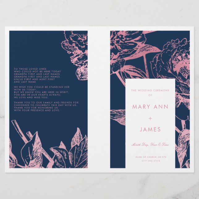 Rose Gold Navy Blue Floral Wedding Program (Vorderseite)