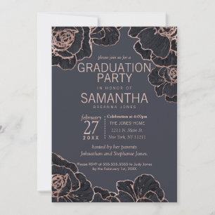 Rose Gold Navy Blue Flowers Graduation Party Einladung