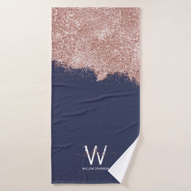 Rose Gold Navy Blue Girl Glitzer Dust Monogram Badhandtuch Set (Badehandtuch)