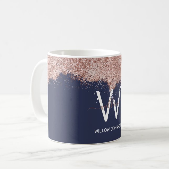 Rose Gold Navy Blue Girl Glitzer Dust Monogram Kaffeetasse (Vorderseite Links)