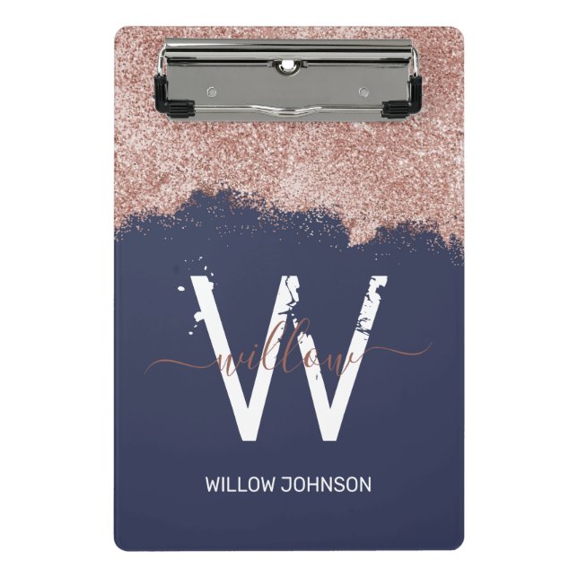Rose Gold Navy Blue Girl Glitzer Dust Monogram Mini Klemmbrett (Vorderseite)