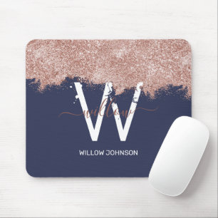 Rose Gold Navy Blue Girl Glitzer Dust Monogram Mousepad