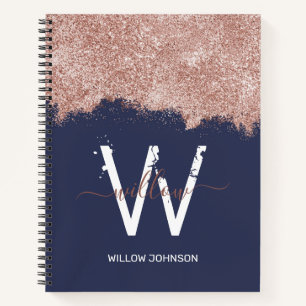 Rose Gold Navy Blue Girl Glitzer Dust Monogram Notizbuch