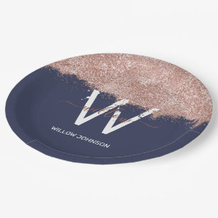 Rose Gold Navy Blue Girl Glitzer Dust Monogram Pappteller