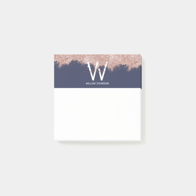 Rose Gold Navy Blue Girl Glitzer Dust Monogram Post-it Klebezettel (Vorderseite)