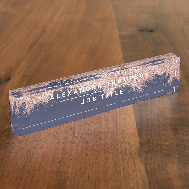 Rose Gold Navy Blue Girl Glitzer Staub Namensplakette (Seite)