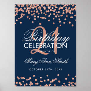 Rose Gold Navy Blue Glitzer Confetti 21. Geburtsta Poster
