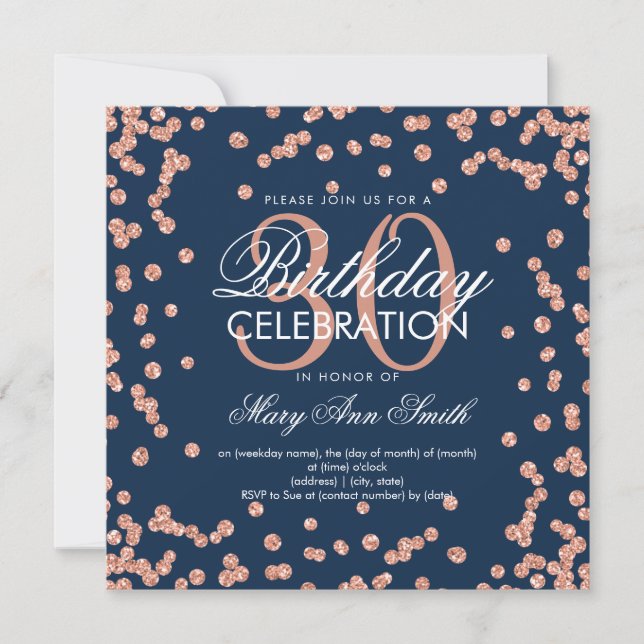 Rose Gold Navy Blue Glitzer Confetti 30. Geburtsta Einladung (Vorderseite)