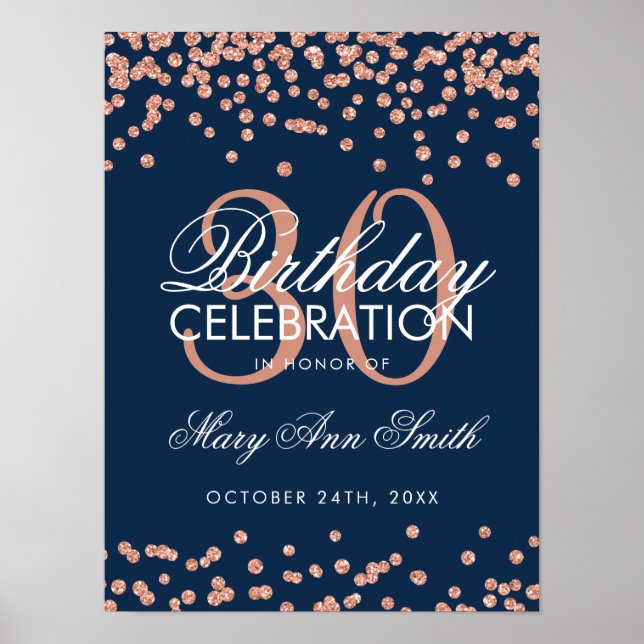 Rose Gold Navy Blue Glitzer Confetti 30. Geburtsta Poster (Vorne)