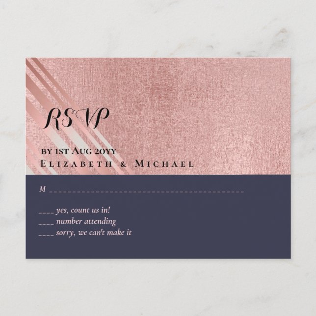 Rose Gold Navy Blue Glitzer Foil Look WEDING Postkarte (Vorderseite)