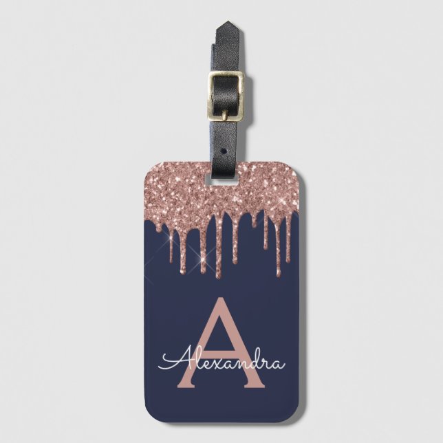 Rose Gold Navy Blue Glitzer Sparkeller Monogram Gepäckanhänger (Vorderseite Vertikal)