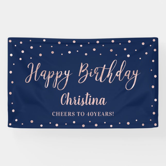 Rose Gold & Navy Blue Happy Birthday Party Banner (Horizontal)