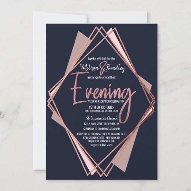Rose Gold Navy Blue Mauve Geometric Abend Einladung (Vorderseite)