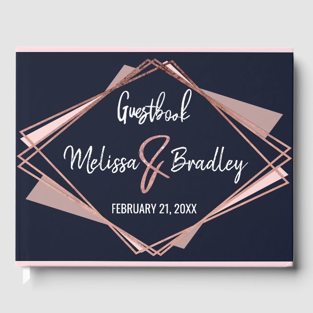 Rose Gold Navy Blue Mauve Geometric Guestbook Gästebuch (Vorderseite)