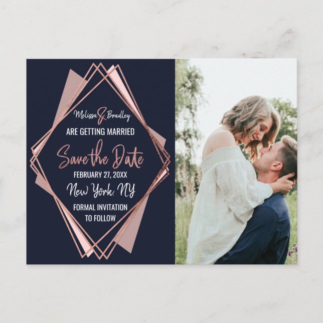 Rose Gold Navy Blue Mauve Geometric Save the Date Ankündigungspostkarte (Vorderseite)
