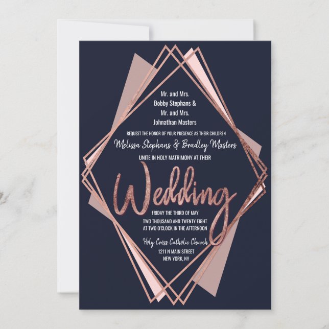 Rose Gold Navy Blue Mauve Geometric Wedding Einladung (Vorderseite)
