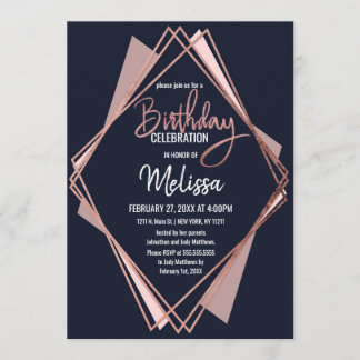 Rose Gold Navy Blue Mauve Geometrie Geburtstag Einladung