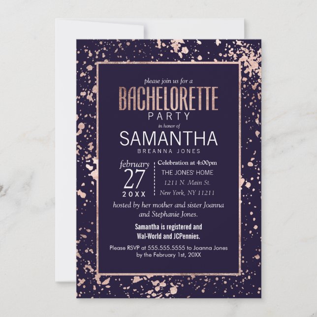 Rose Gold Navy Blue Paint Spritzer Bachelorette Einladung (Vorderseite)