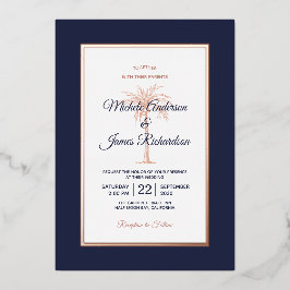 Rose Gold Navy Blue Palm Tree Beach Hochzeit Folieneinladung