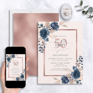 Rose Gold Navy Blue Pink 50. Geburtstag Blumenflor Einladung