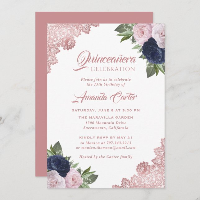 Rose Gold Navy Blue Quinceañera 15. Geburtstag Einladung (Vorne/Hinten)