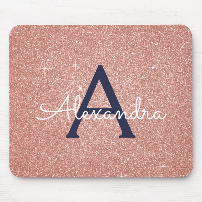 Rose Gold Navy Blue Sparkle Glitzer Monogram Name Mousepad (Vorne)