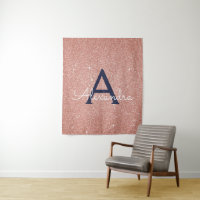 Rose Gold Navy Blue Sparkle Glitzer Monogram