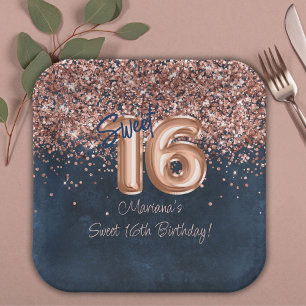Rose Gold Navy Blue Sweet 16. Geburtstagsparty Pappteller