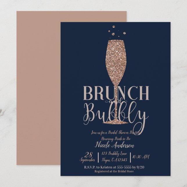 Rose Gold Navy Champagne Bubbly Bridal Brunch Einladung (Vorne/Hinten)
