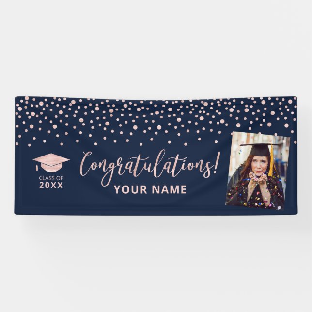 Rose Gold Navy Confetti Gratulation Abschluss Banner (Horizontal)